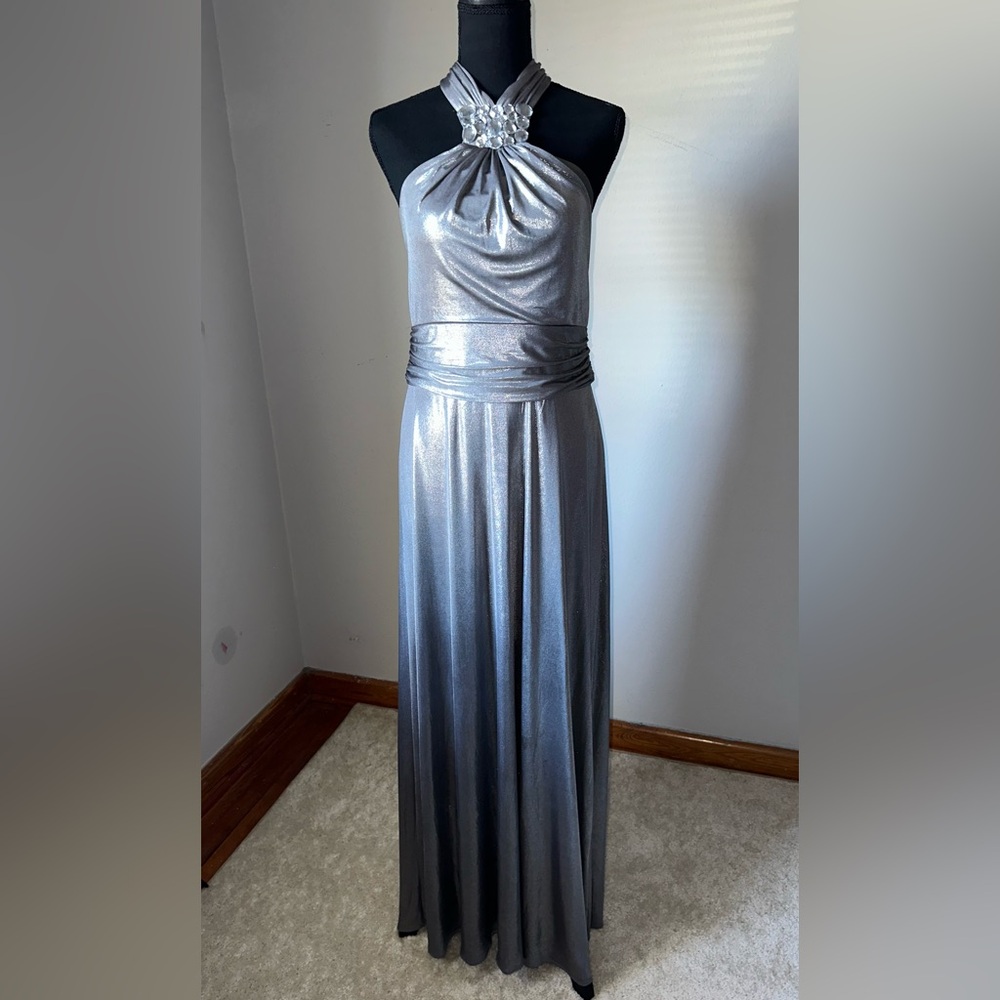 Silver Halter Evening Gown with Embellished Neck
